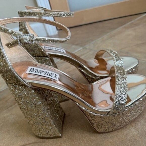 Badgley Mischka Party Platform Block 5" Heel Sandals Gold Glitter - Picture 2 of 5